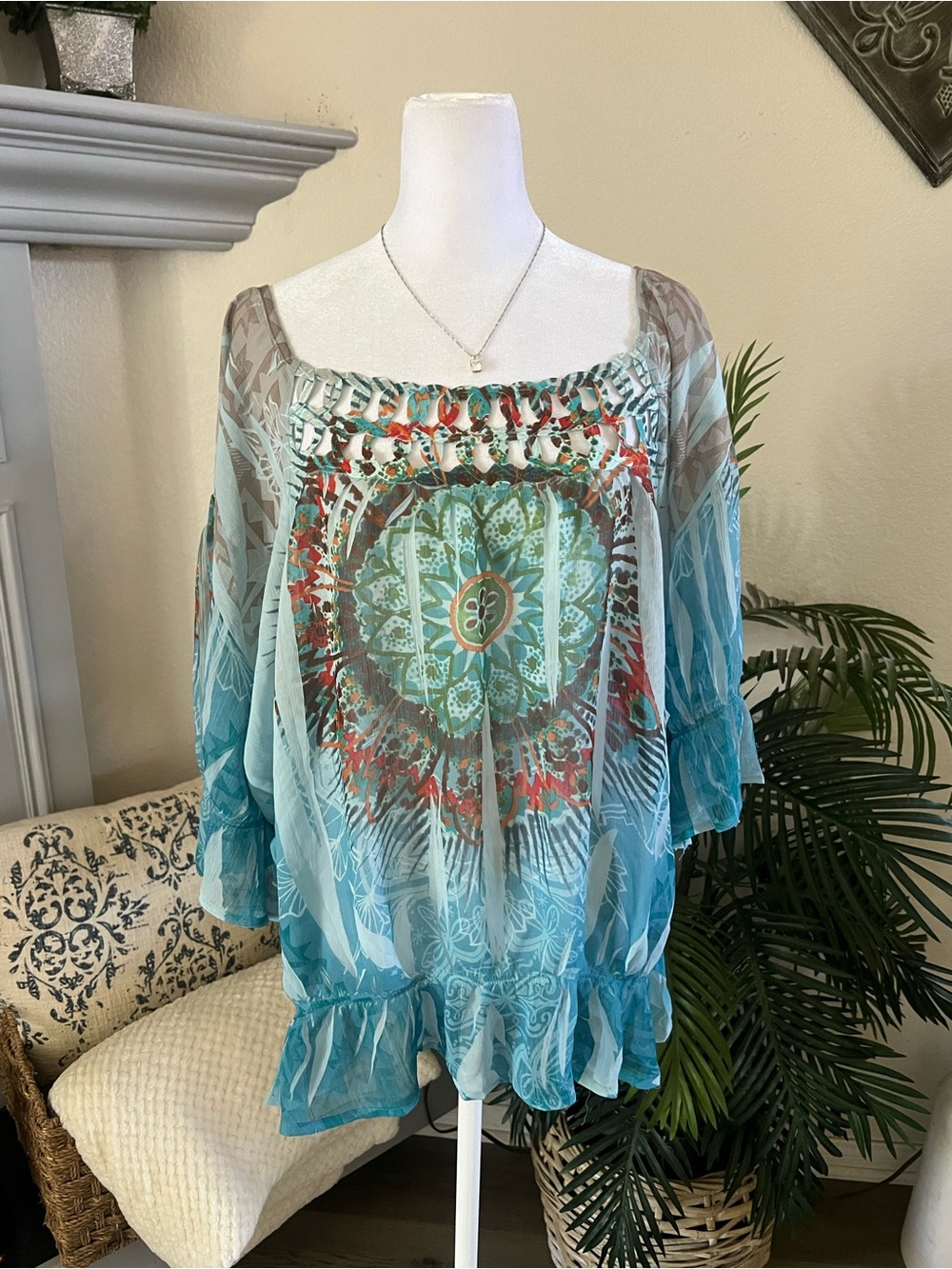 Vintage BONGO Boho Aqua Medallion Peasant Top